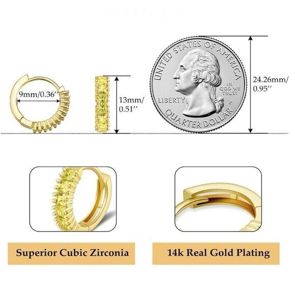 14K Yellow Gold with Yellow Citrine Cubic Zirconia Princess Cut Huggie Earrings - Picture 6 of 6